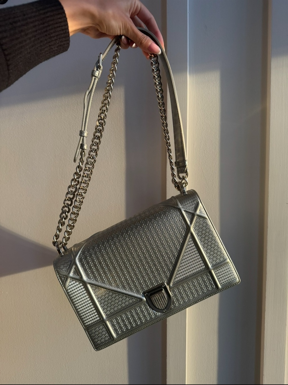 Metallic dior  Silver Quilted Shoulder Bag with Chain Strap